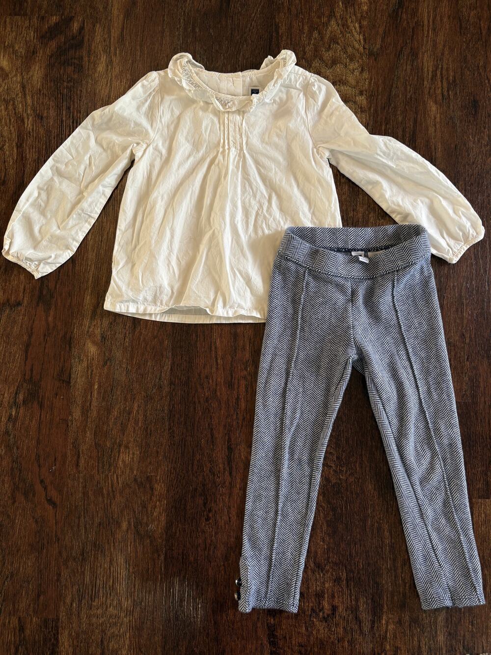 Janie & Jack Girls Size 4 White Peplum Blouse Top & Navy Grey Pants 2-Piece Set